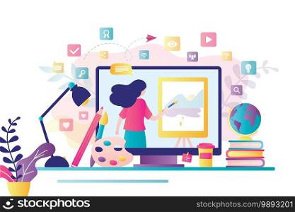 Online art class. E-learning technology, distance education. Tutorials and web courses. Woman art teacher on screen, blogger with brush and easel. Drawing lessons banner. Trendy vector illustration
