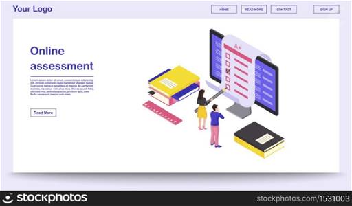 Online assessment webpage vector template with isometric illustration. Students completing exam, knowledge checkup. E-courses website interface design. Remote education webpage, mobile app 3d concept. Online assessment webpage vector template with isometric illustration