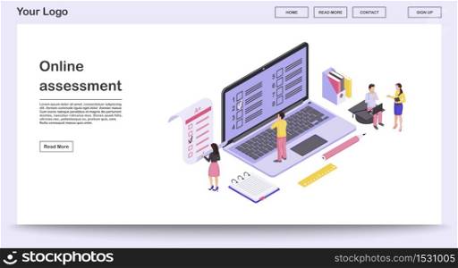 Online assessment webpage vector template with isometric illustration. Students completing online & paper exam. E-courses website interface design. Remote education webpage, mobile app 3d concept. Online assessment webpage vector template with isometric illustration