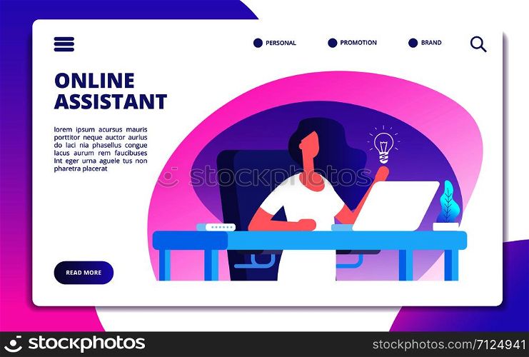 Online assistant. Customer global service, woman hotline operator advises clients. Virtual technical support vector concept. Online service help, assistant and support communication illustration. Online assistant. Customer global service, woman hotline operator advises clients. Virtual technical support vector concept