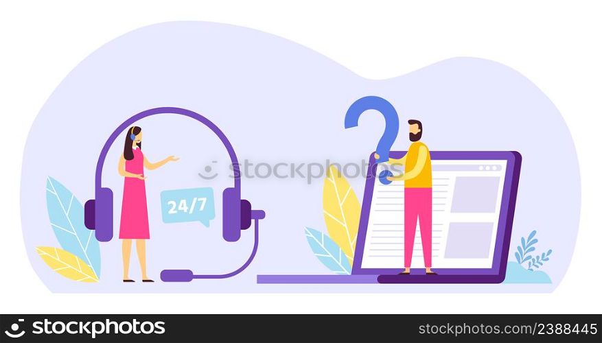 Online assistant use headphone and laptop online. Vector illustration of online support and help service for customer, communication contact. Online assistant use headphone and laptop online