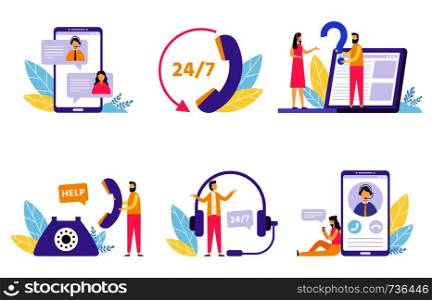 Online assistant. Virtual technical support service, personal assist and hotline operator communication. Network it client helping customer or technical consult. Isolated vector illustration icons set. Online assistant. Virtual technical support service, personal assist and hotline operator communication vector illustration set