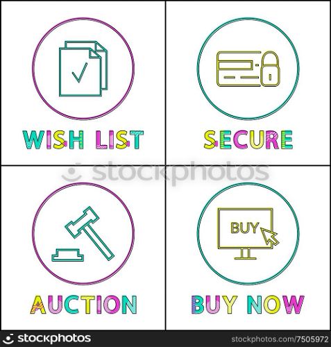 Online auction and security, wishlist and buying icons. Credit card and monitor, hammer and list sign in circles, website design vector illustration. Online auction and security, wishlist and buying