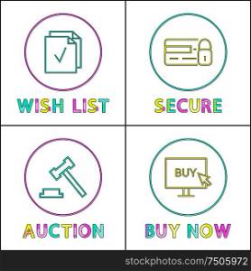 Online auction and security, wishlist and buying icons. Credit card and monitor, hammer and list sign in circles, website design vector illustration. Online auction and security, wishlist and buying