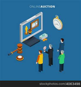 Online auction isometric with bidding man and different lots on the monitor vector illustration. Online Auction Isometric