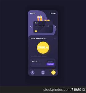 Online banking application smartphone interface vector template. Mobile app page dark theme design layout. Account balance screen. Flat UI for application. Virtual wallet on phone display