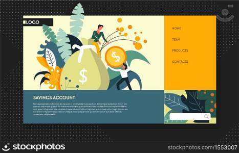 Online banking business and finance savings account web page template vector gold coins earnings protection online money storage cash and gold coins finance app accounting businessmen and entrepreneurs. Savings account online banking business and finance web page template