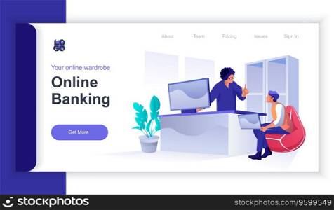Online banking concept 3d isometric web banner with people scene. Woman advising client making financial transactions and online payments. Vector illustration for landing page and web template design