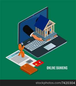 Online banking concept, cartoon vector banner. Businessman hands hold bank building from laptop screen, wallet and credit card, document and percent. Online Banking Concept, Cartoon Vector Banner