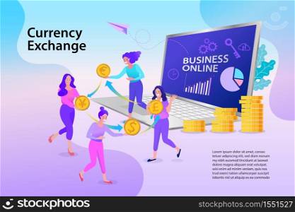 Online banking. Concept of computer currency exchange service. Business people changes currency using website. character flat design style.