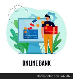Online banking conceptual composition with text and images of man sending banknotes coins to the screen vector illustration. Online Bank Background Concept
