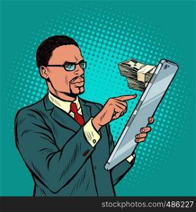 online banking. exchange, income and purchases. african businessman and smartphone with large screen. Pop art retro vector illustration vintage kitsch 50s 60s. online banking. exchange, income and purchases. african businessman and smartphone with big screen