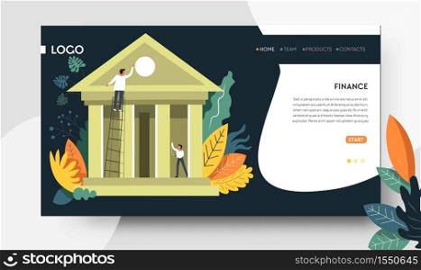 Online banking finance landing web page template vector national bank building with columns saving account Internet site business investment and profit earning cashless system digital money keeping. Finance web page template online banking