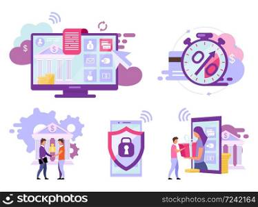 Online banking flat vector illustrations set. Credit card transactions instant payments cartoon concepts. Banking account security, customized solutions services. Mobile deposit, investments metaphors