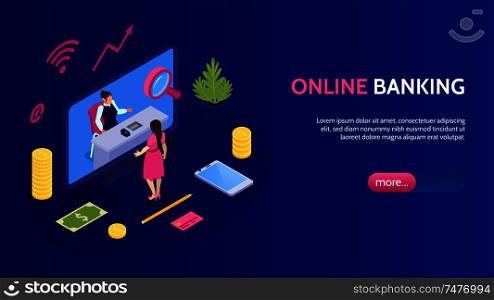 Online banking horizontal banner with icons illustrated mobile payments and transfer money from card isometric vector illustration