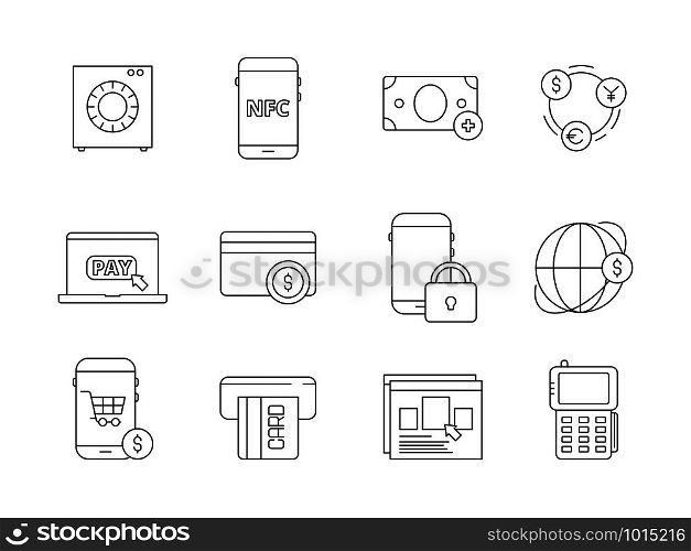 Online banking icon. Internet payment services automation mobile bank phone shopping payments vector thin line symbols. Illustration of payment banking, icon e-commerce finance. Online banking icon. Internet payment services automation mobile bank phone shopping payments vector thin line symbols