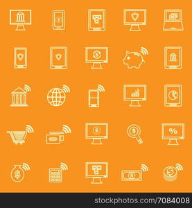 Online banking line color icons on orange background, stock vector