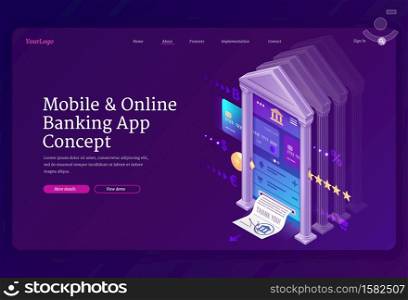 Online banking mobile app isometric landing page. Smart wallet concept with credit or debit card payment application on smartphone screen, secure money transaction, nfc technology 3d vector web banner. Online banking mobile app isometric landing page