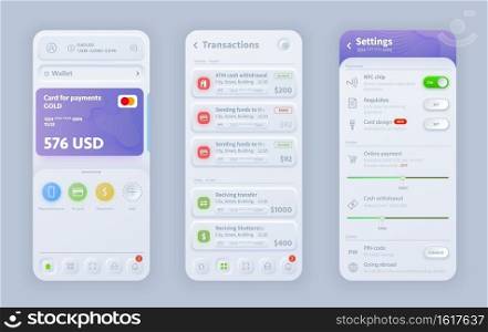 Online banking neomorphic interface vector design for responsive mobile application or website app. UI, UX or GUI user interface templates of wallet, payment card, transaction and setting screens. Online banking neomorphic interface of mobile app
