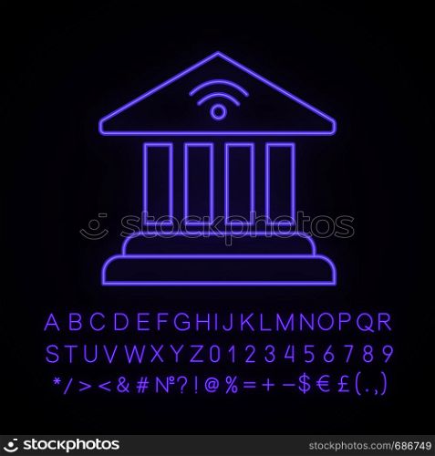 Online banking neon light icon. Account balance. E-payment. Bank building. Glowing sign with alphabet, numbers and symbols. Vector isolated illustration. Online banking neon light icon