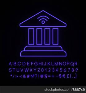 Online banking neon light icon. Account balance. E-payment. Bank building. Glowing sign with alphabet, numbers and symbols. Vector isolated illustration. Online banking neon light icon
