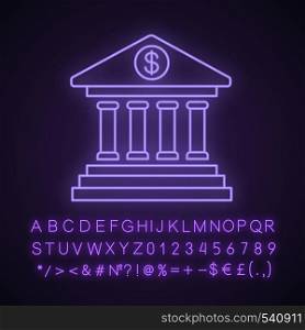 Online banking neon light icon. Glowing sign with alphabet, numbers and symbols. Account balance. E-payment. Bank building. Vector isolated illustration. Online banking neon light icon