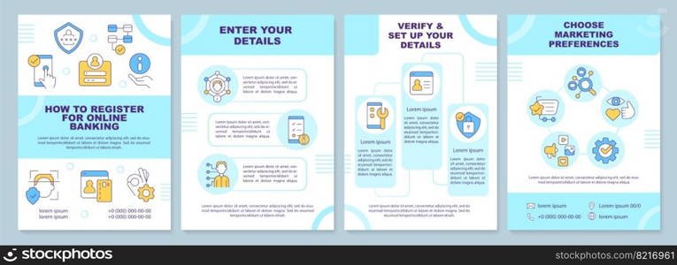 Online banking registration blue brochure template. Web wallet. Leaflet design with linear icons. Editable 4 vector layouts for presentation, annual reports. Arial-Black, Myriad Pro-Regular fonts used. Online banking registration blue brochure template