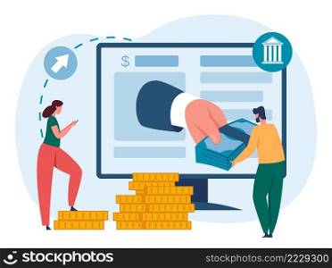 Online banking service concept. Cartoon woman sending money via mobile phone. Hand giving cash banknotes to male character from desktop computer screen. Money virtual transfer vector. Online banking service concept. Cartoon woman sending money via mobile phone. Hand giving cash banknotes