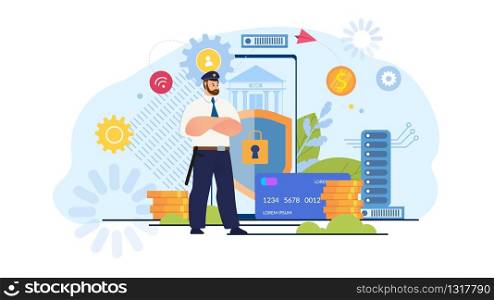 Online Banking Transactions Security, Money Transfer in Internet Defence, Mobile Payments Safety Trendy Flat Vector Concept. Policeman, Bank Guard Protecting Digital Financial Operations Illustration