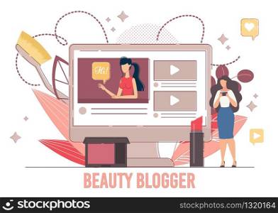 Online Beauty Blogger. Internet Influencer. Social Media Networks and Video Female Channel about Cosmetics, Fashion and Style. Young Woman Vlogger and Follower. Mobile and Computer. Poster Design. Online Beauty Blogger Internet Influencer Poster