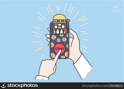 Online betting and gambling concept. Human hands holding smartphone with bets and start button on screen over blue background vector illustration . Online betting and gambling concept