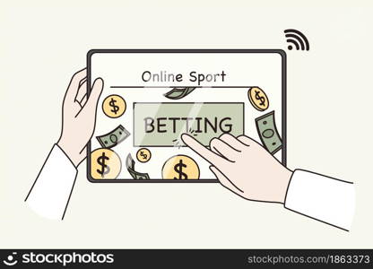 Online betting and making money concept. sports game. Human hands pushing online betting button on tablet screen for making profit money vector illustration. Online betting and making money concept