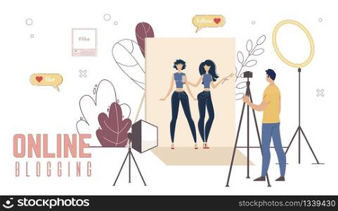 Online Blogging, Video Content Production, Beauty Blogger Concept. Cameraman Recording Cosmetics Products Review in Studio, Woman Promoting Goods for Makeup for Viewer Trendy Flat Vector Illustration