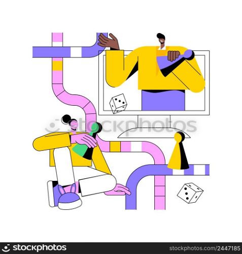 Online board gaming abstract concept vector illustration. Internet entertainment, laptop screen, play strategy game, family leisure time, playing app, quarantine fun, isolation abstract metaphor.. Online board gaming abstract concept vector illustration.