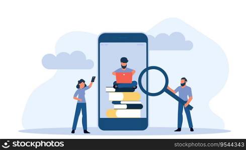Online book library vector illustration concept with people. Education with phone or computer. Digital knowledge study. App learning banner technology background. Reading bookshelf in bookstore