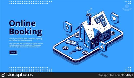 Online booking banner. Mobile application for book hotel, accommodation or apartment for vacation. Vector landing page of online rent reservation with isometric smartphone and house. Landing page of online booking hotel or house