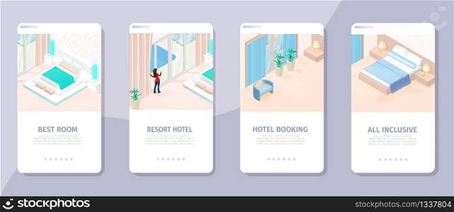 Online Booking Best Room Resort Hotel All Inclusive Isometric Banners Vector Illustration. Comfortable Apartment Bedroom for Tourism, Travel and Business Trip. Interface for Website Landing Page.. Online Booking Best Room Resort Hotet Illustration