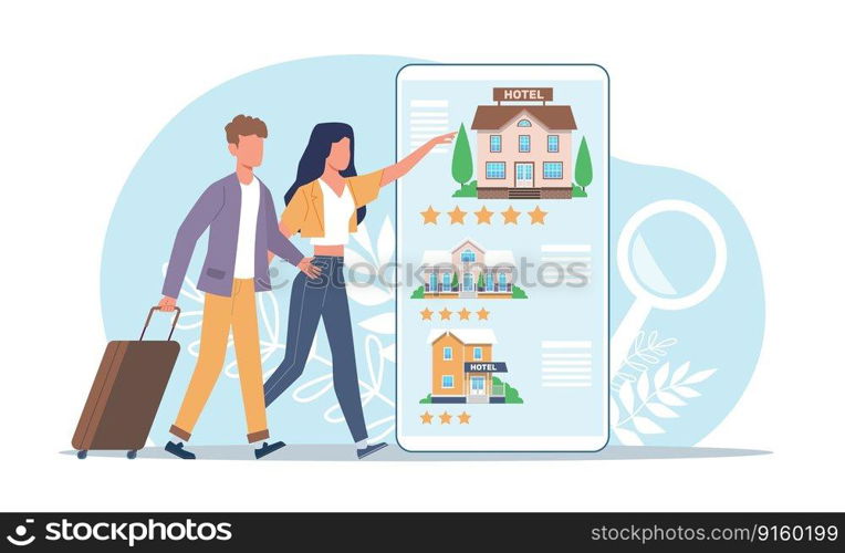 Online booking, couple of tourists with luggage, choose hotels to book. Huge smartphone, reservation app, travel and vacation application, cartoon flat style isolated illustration. Vector concept. Online booking, couple of tourists with luggage, choose hotels to book. Huge smartphone, reservation app, travel and vacation application, cartoon flat illustration. Vector concept