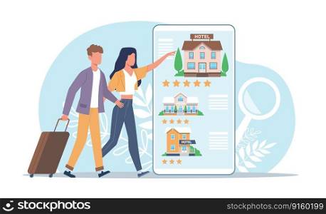 Online booking, couple of tourists with luggage, choose hotels to book. Huge smartphone, reservation app, travel and vacation application, cartoon flat style isolated illustration. Vector concept. Online booking, couple of tourists with luggage, choose hotels to book. Huge smartphone, reservation app, travel and vacation application, cartoon flat illustration. Vector concept