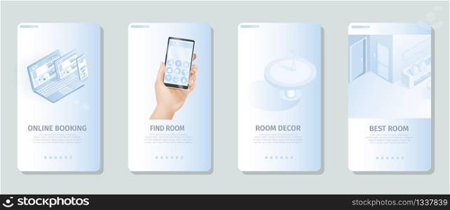 Online Booking Find Best Room Decor Banners. Digital Devices Hand Hold Smartphone. Home Buy Computer Internet Reservation Apartment for Vacation Business Trip Travel. Mobile Application Concept. Online Booking Find Best Room Decor Banners