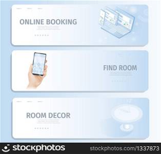 Online Booking Find Room Decor Banners. Notebook Digital Tablet Phone with Hotel Rooms Offers on Screen Illustration. Hand with Smartphone. Order from Home Internet Technology Concept. Online Booking Find Room Decor Banner landing Page
