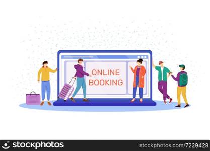 Online booking flat vector illustration. Choosing hotel in internet. Making reservation at website. Tourists with luggage, suitcases. Preparation for trip, voyage, vacation cartoon characters. Online booking flat vector illustration