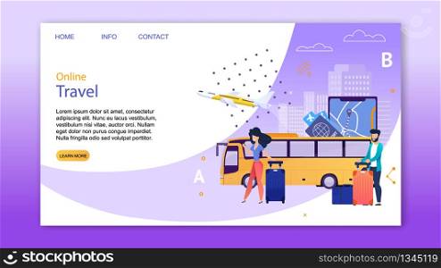 Online Booking Service for Travel Landing Page. Cartoon Female Character Uses Mobile Application for Tour Reservation, Buying Tickets. Guidebook Service. Man Stands near Bus. Vector Illustration. Online Booking Service for Travel Landing Page