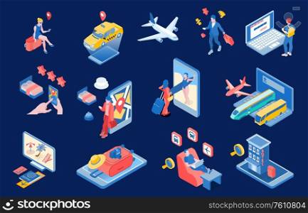 Online booking service isometric set with people using smartphone and computer for reservation of hotel car aircraft tickets in internet vector illustration. Online Booking Isometric Set