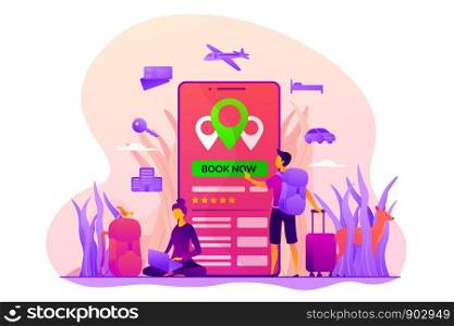 Online booking services, internet reservation system, accommodation search concept. Colorful vector isolated concept illustration with tiny people and floral organic elements. Hero image for website.. Online booking services vector concept vector illustration.