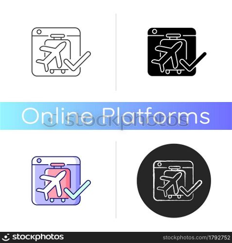 Online booking systems icon. Self-booking and paying through website. Trip planning. Reservation management. Hospitality business. Linear black and RGB color styles. Isolated vector illustrations. Online booking systems icon