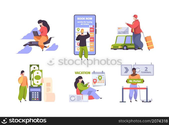 Online booking. Traveling concept scenes with characters fly ticket mobile check in hotel purchase people travellers garish vector flat illustrations. Flight airplane, business online tourist booking. Online booking. Traveling concept scenes with characters fly ticket mobile check in hotel purchase people travellers garish vector flat illustrations