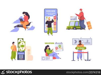 Online booking. Traveling concept scenes with characters fly ticket mobile check in hotel purchase people travellers garish vector flat illustrations. Flight airplane, business online tourist booking. Online booking. Traveling concept scenes with characters fly ticket mobile check in hotel purchase people travellers garish vector flat illustrations