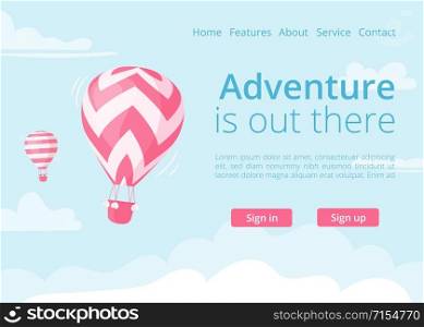 Online booking website hot air balloon vector illustration. Travel booking web page template for adventure online reservation service with flat red color hot air balloon on blue mountain landscape.. Online booking website hot air balloon vector