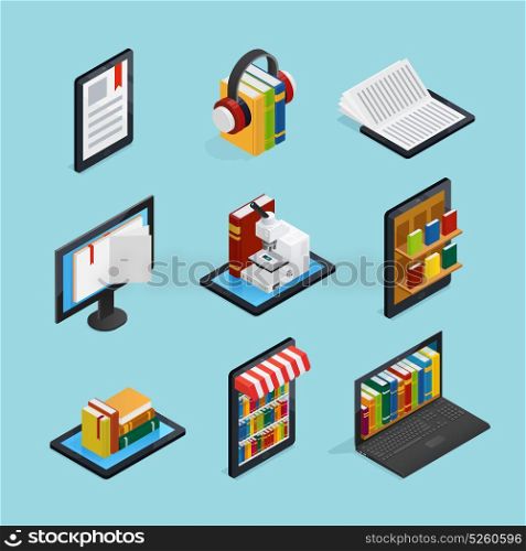 Online Books Isometric Set. Online books isometric set with listening reading on mobile device internet library and stores isolated vector illustration